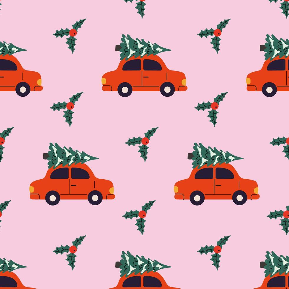 Holiday pattern featuring cars with Christmas trees on a pink background vector