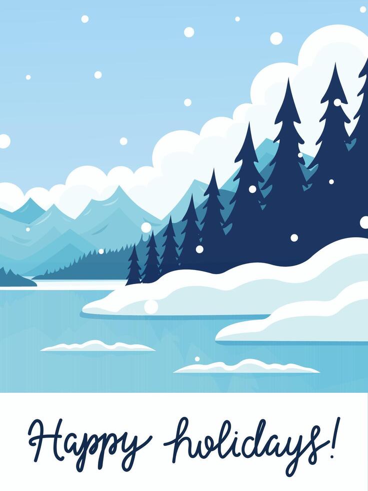 Scenic winter landscape with snow-covered trees and serene lake celebrating the holiday spirit vector