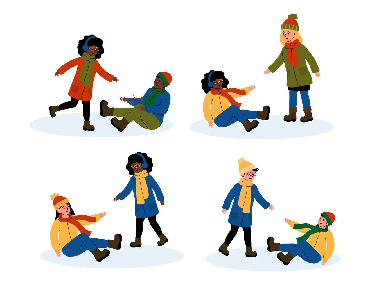 Playful winter fun with friends falling in the snow at a park on a sunny day vector