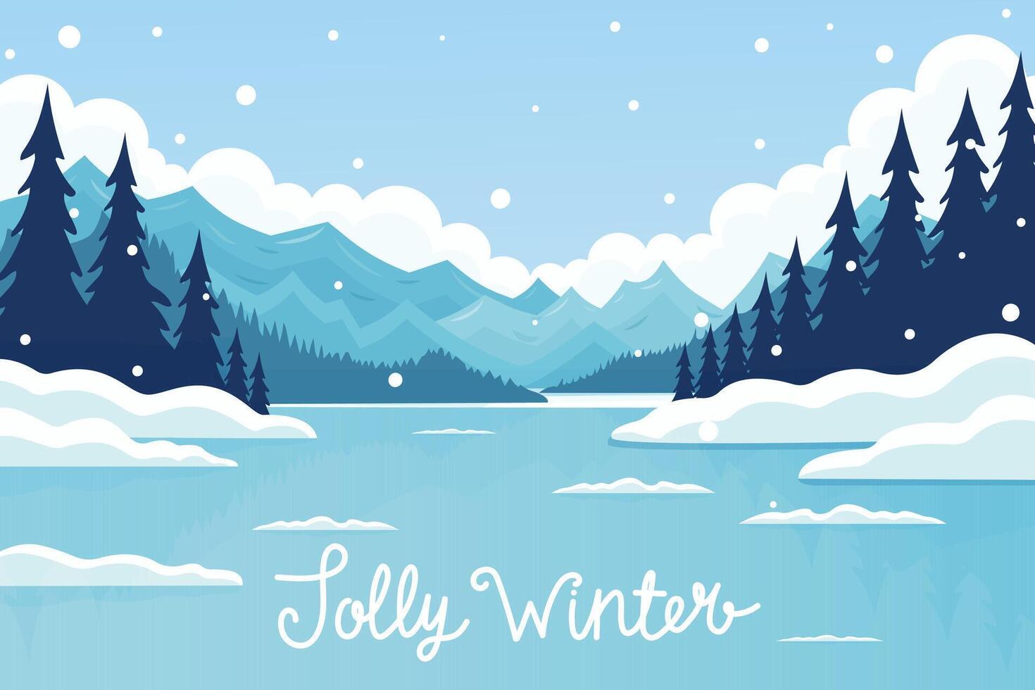 A tranquil winter landscape with snow-covered mountains and a serene lake under a blue sky vector