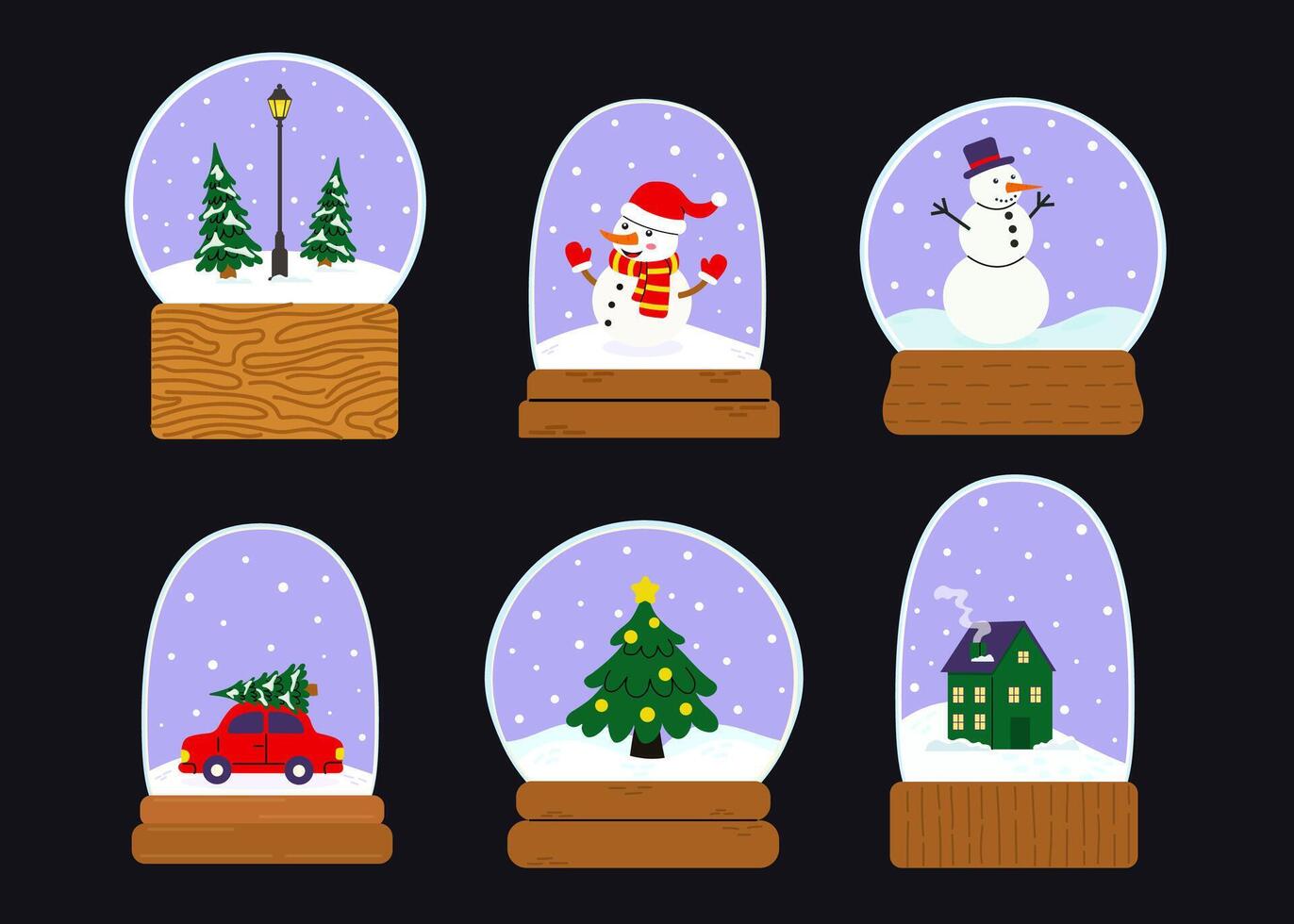 Winter-themed snow globes featuring festive characters in a cozy holiday atmosphere vector