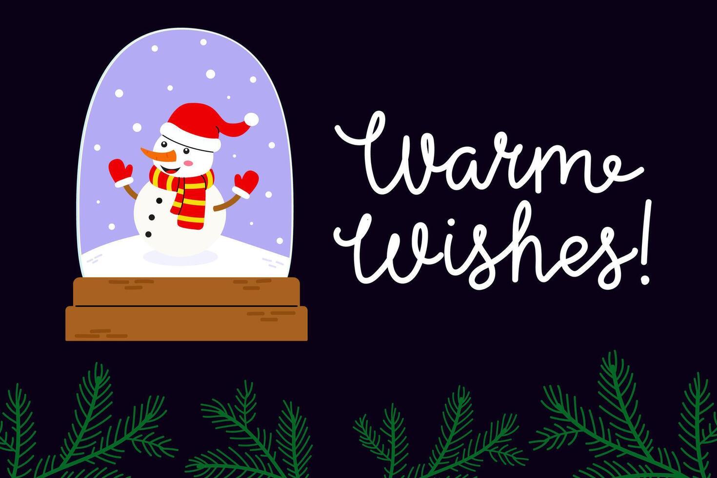 A cheerful snowman with a scarf and hat inside a snow globe wishing warm wishes during winter vector