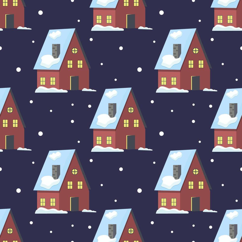 Cozy winter homes with snowy rooftops set against a dark night sky background vector