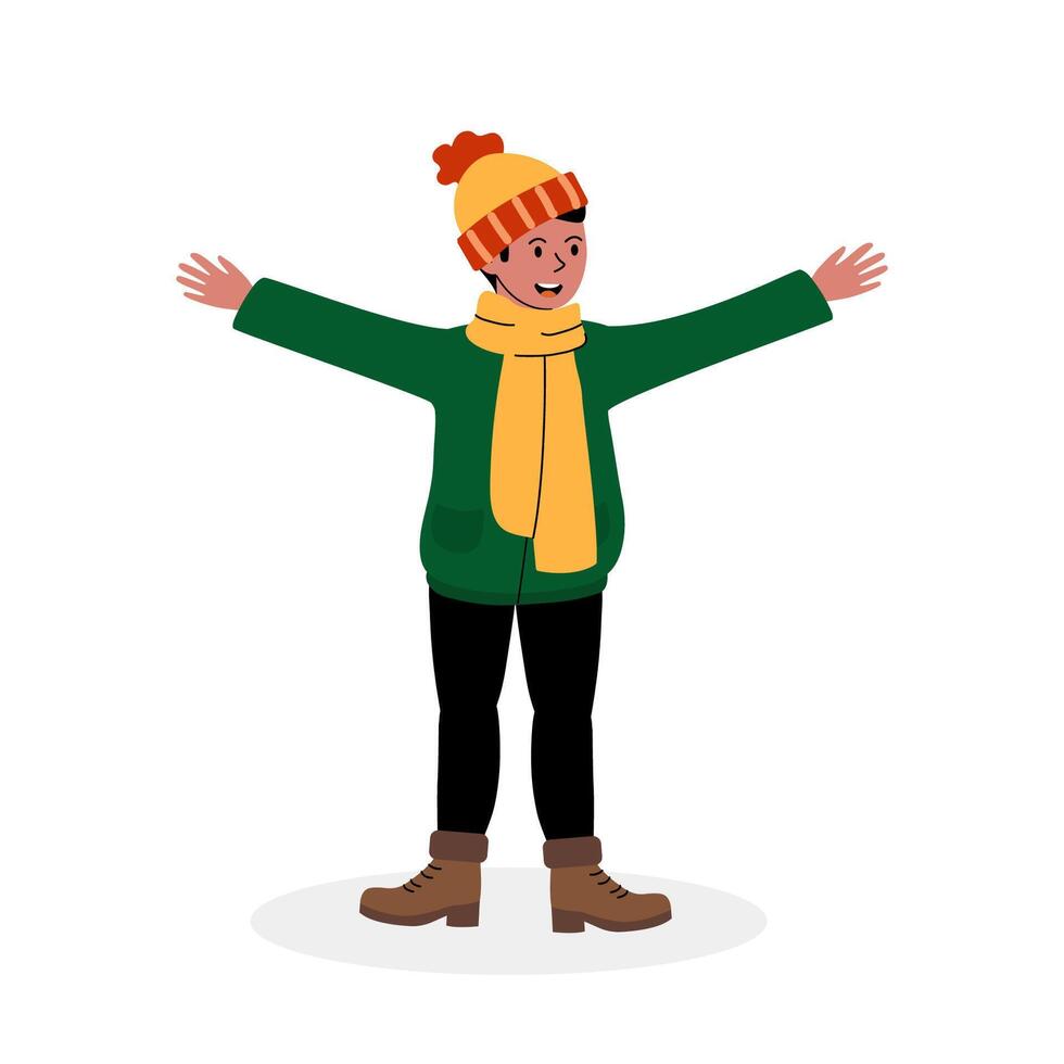 A cheerful individual in winter attire enjoys the cold outdoors with open arms vector