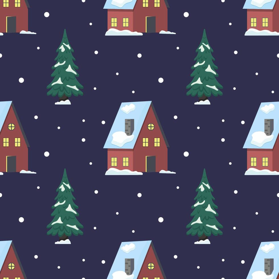 Winter night scene with snow-covered houses and evergreen trees in a serene landscape vector