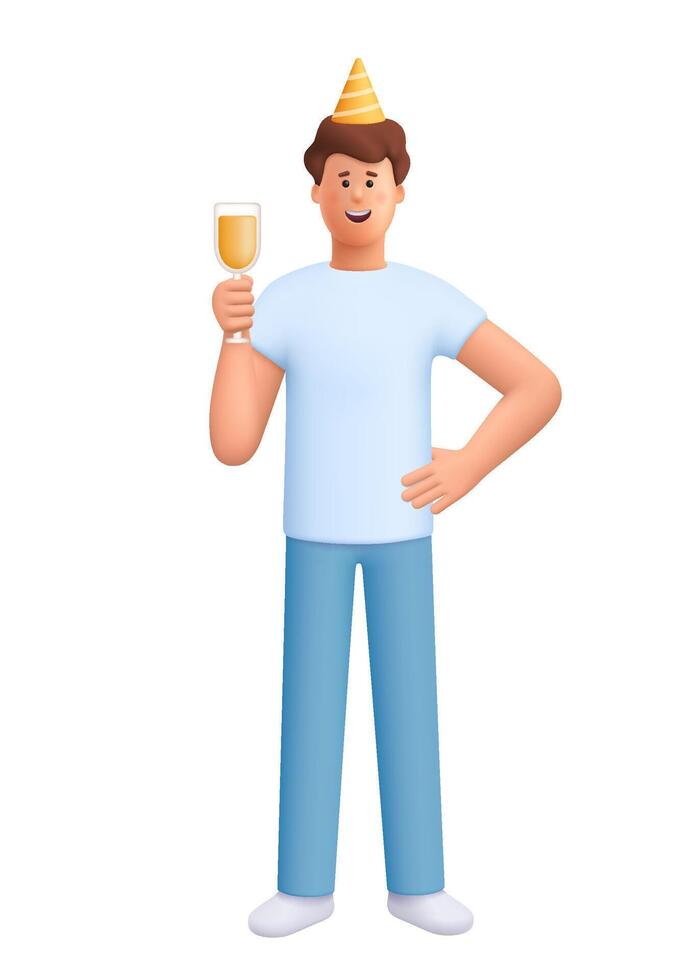 Man in festive hats celebrating, holding champagne or wine glass. Celebrating, party, birthday concept. 3d people character. Cartoon minimal style. vector