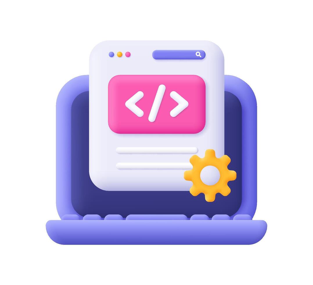 Laptop and web page with code symbol and gear cogwheel. Web development and SEO, software engineering, setting and tools, programming and coding concept. 3d icon. Cartoon minimal style. vector