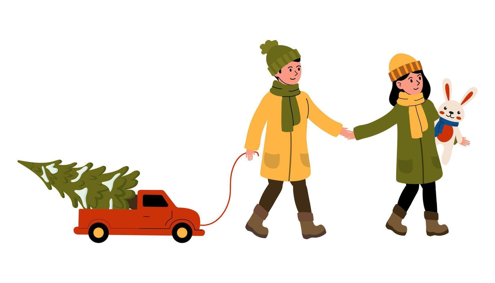 Couple walks together while pulling a truck with a Christmas tree on a winter day vector