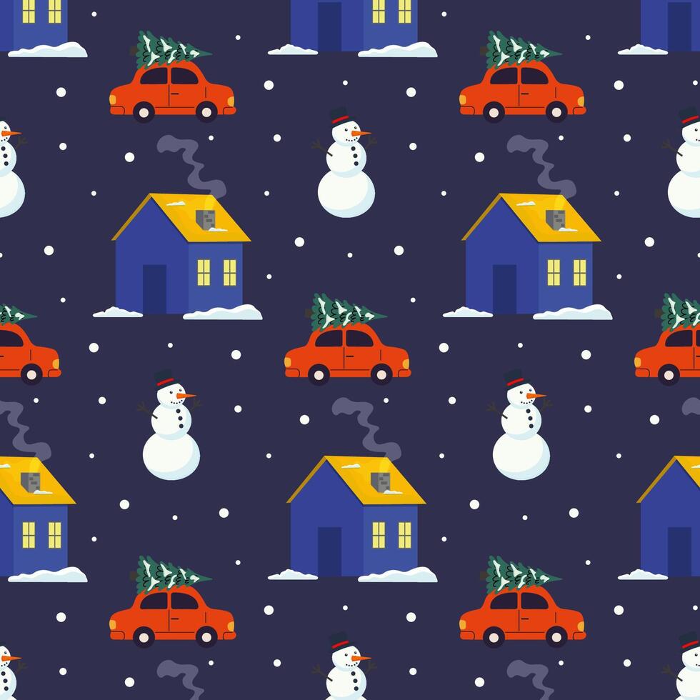 Festive winter landscape featuring cars, houses, and snowmen with Christmas trees on rooftops vector