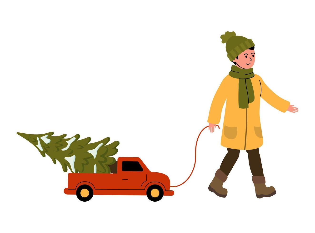 Person joyfully pulling a toy truck with a Christmas tree on a winter day vector