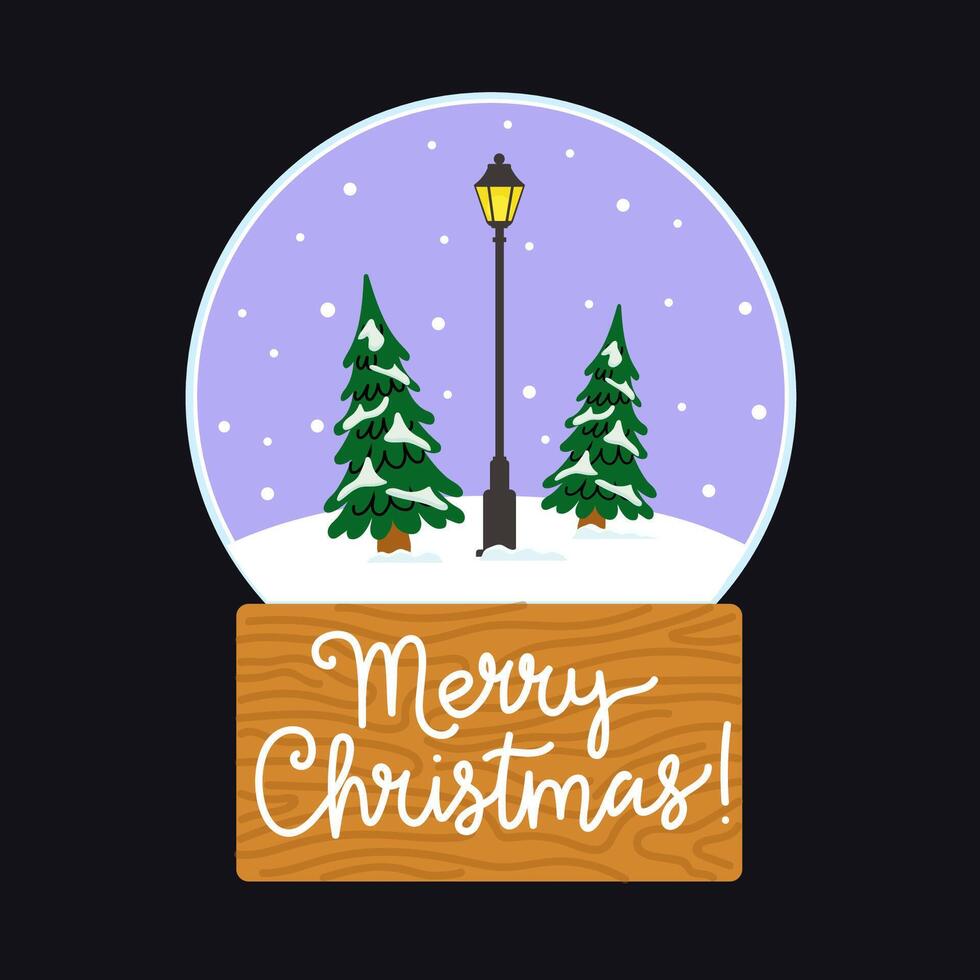 A festive snow globe with evergreen trees and a lamp post set in a winter wonderland for Christmas vector
