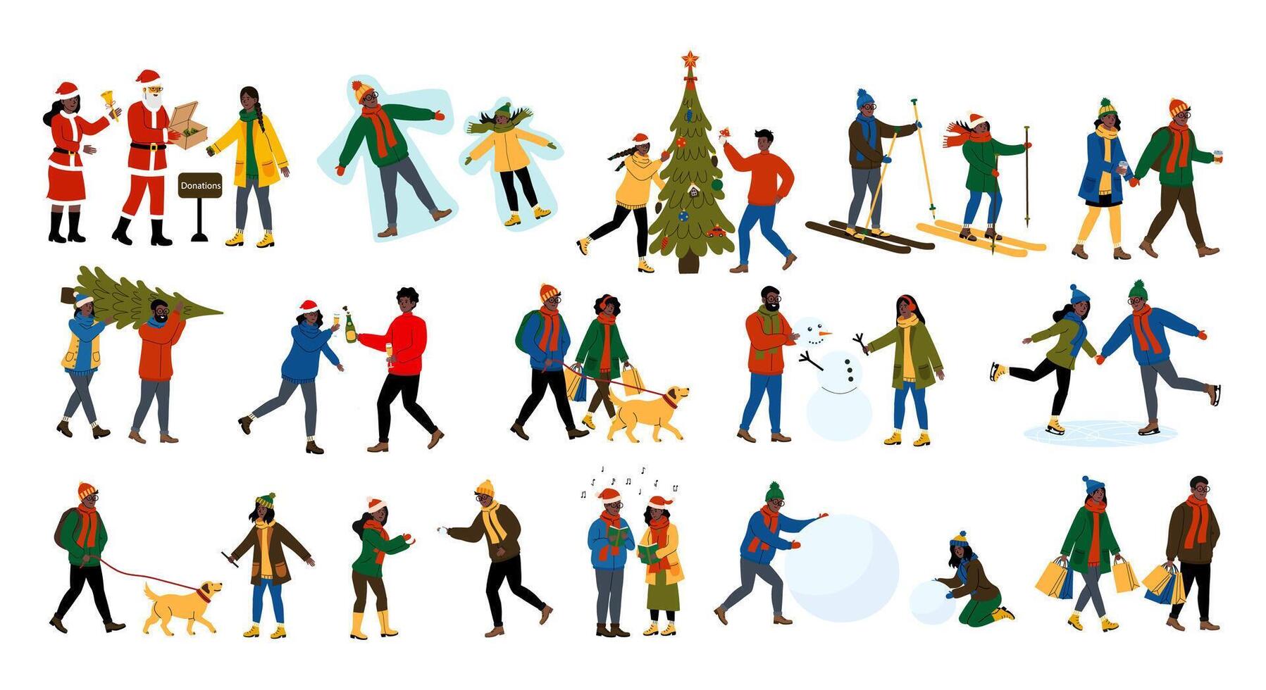 Winter festivities with joyful families in a snowy landscape full of fun activities vector