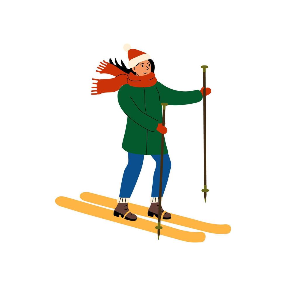 A woman skiing in winter attire with poles, enjoying a snowy day in the mountains vector