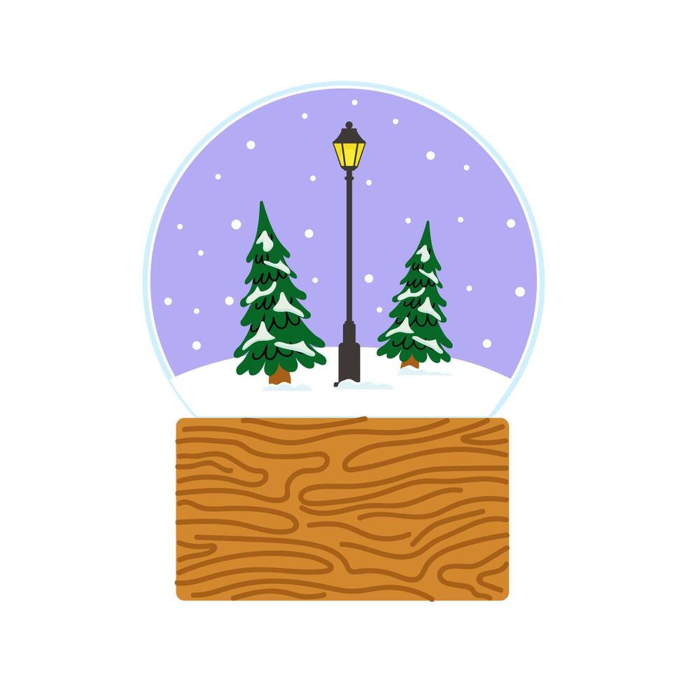 A winter snow globe featuring evergreen trees and a street lamp on a snowy day vector