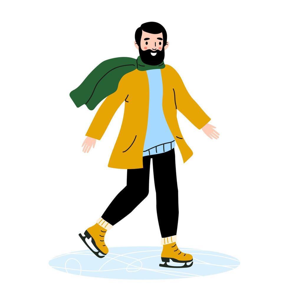 A person skating on ice during winter, wearing a green scarf and a bright yellow coat vector