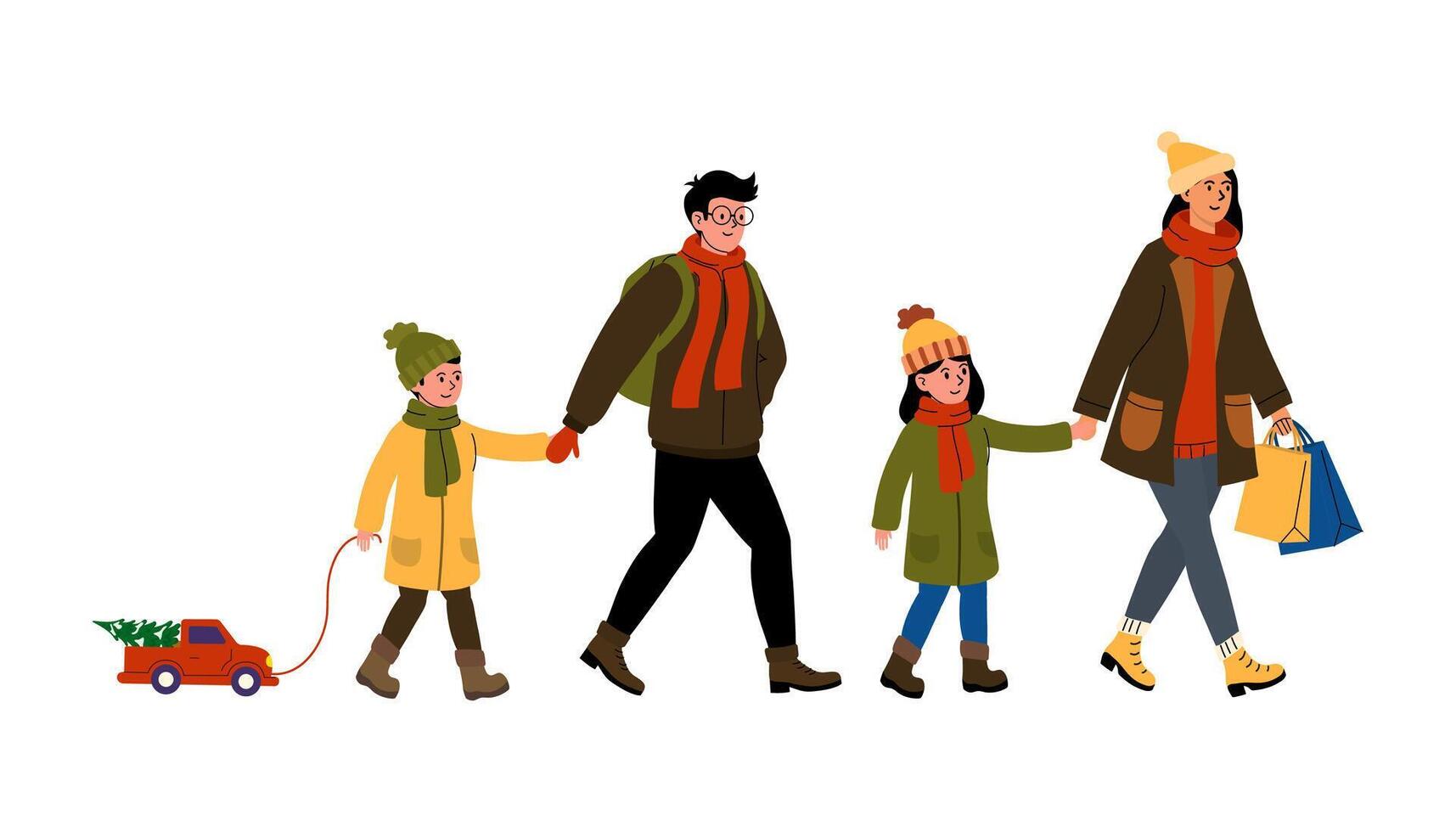 Family walks through a wintery neighborhood while enjoying a festive shopping day together vector