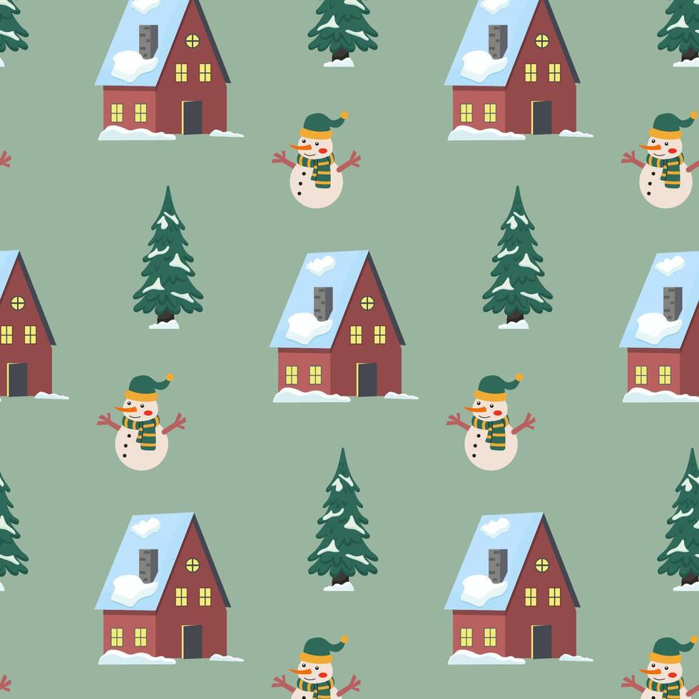 Cheerful winter pattern featuring snowmen, cozy homes, and evergreen trees on a green background vector