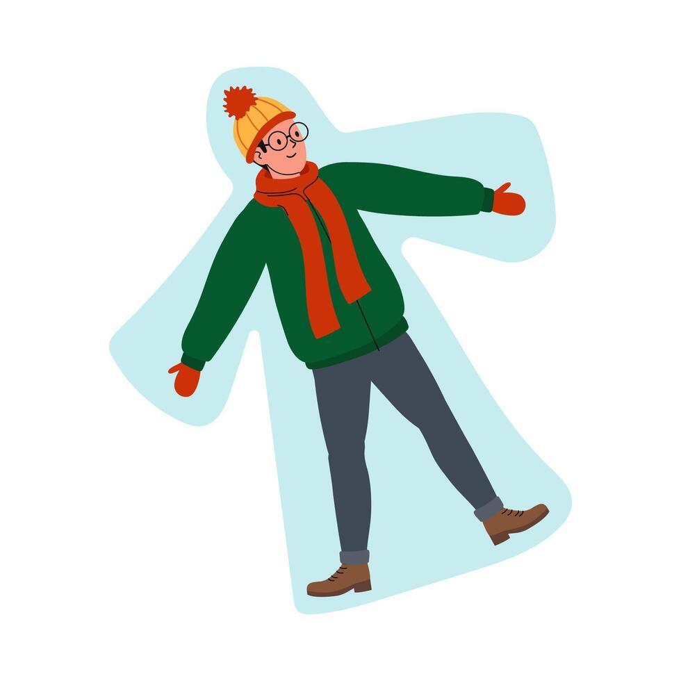 A person joyfully creating a snow angel during winter in a snowy landscape vector