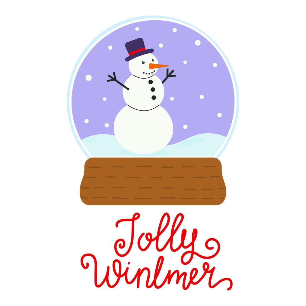 Jolly snowman inside a festive snow globe with falling snowflakes in winter setting vector