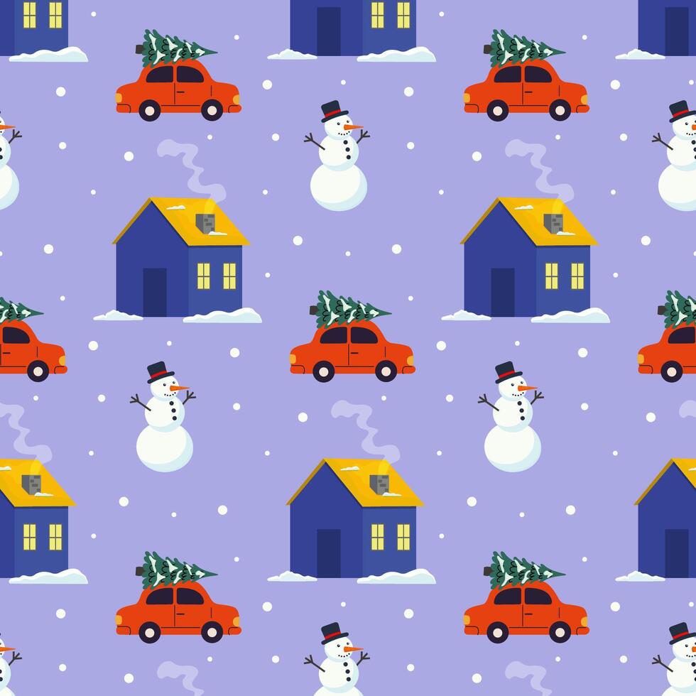 Festive winter pattern with cars, snowmen, and colorful houses in a cozy setting vector