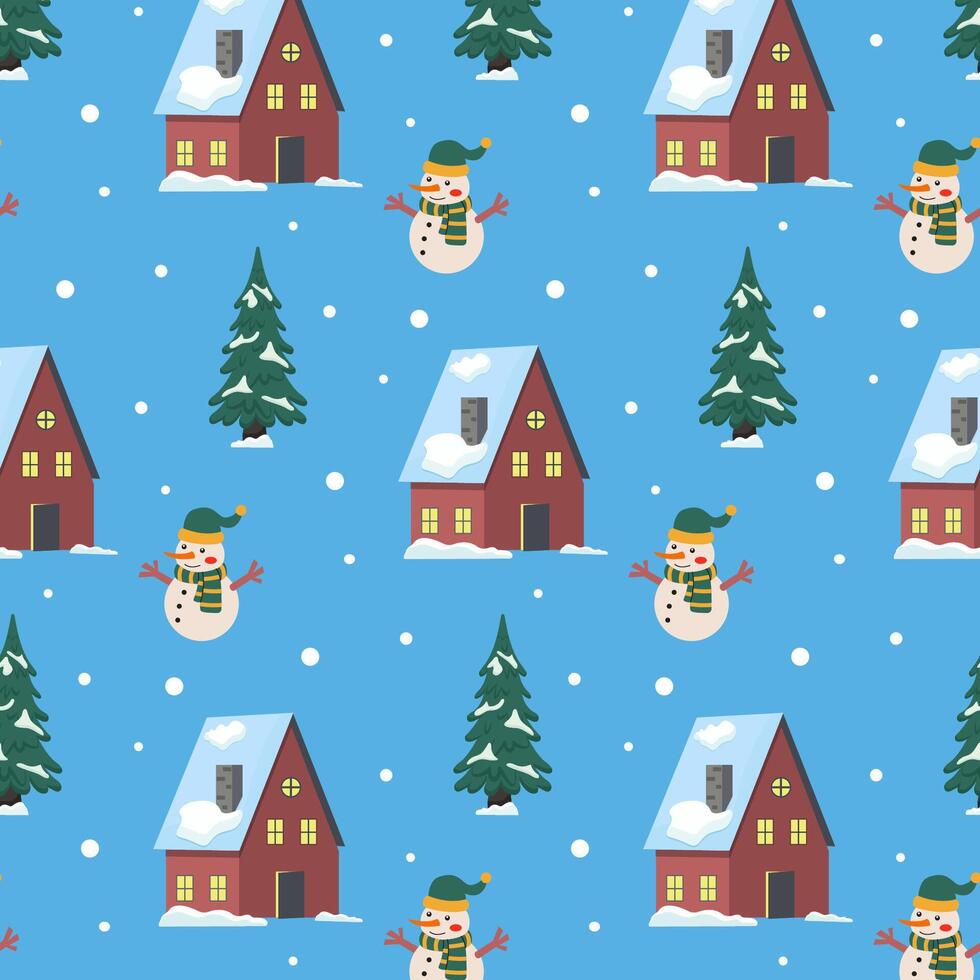 Decorative winter pattern featuring snowmen and cozy houses surrounded by pine trees vector