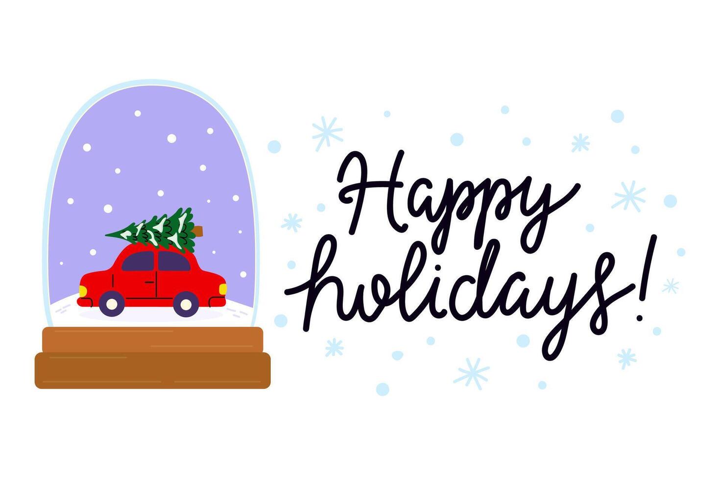 Bright red car with holiday tree inside a snow globe celebrates the festive season vector