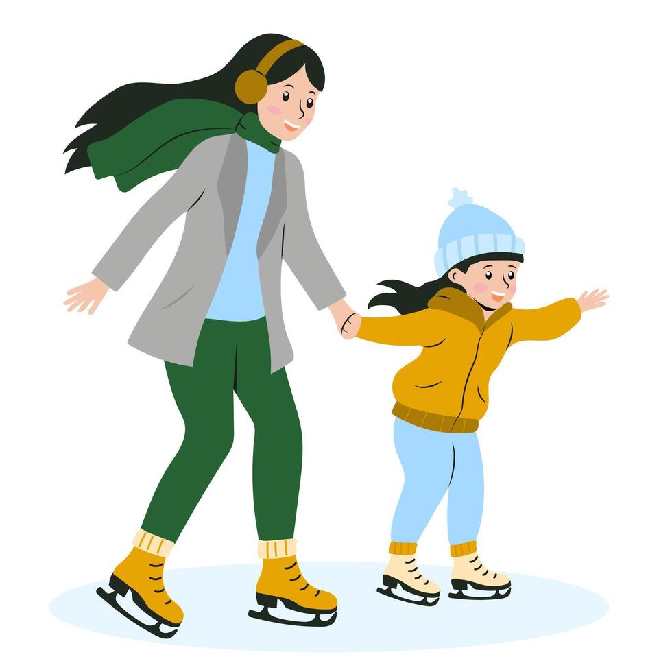 Mother and daughter enjoying ice skating together in winter attire at a local rink vector