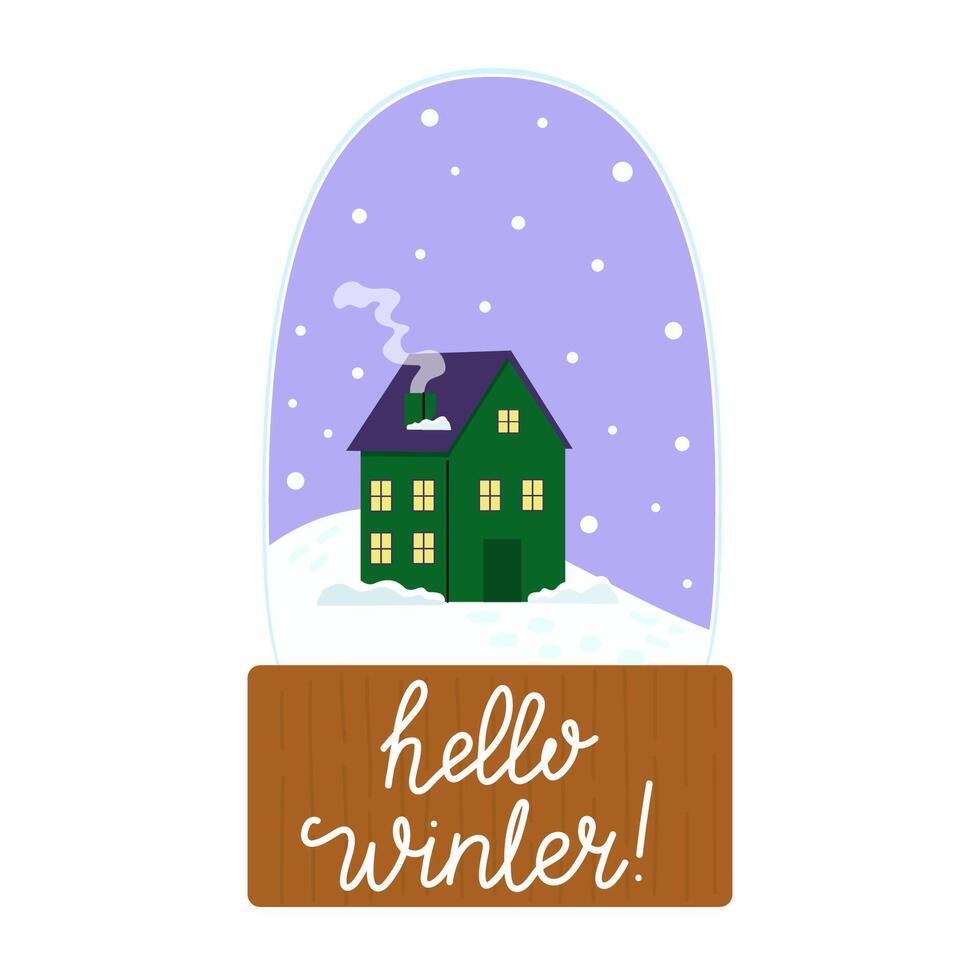 A cozy green house under snow in winter with a heartfelt greeting in festive letters vector