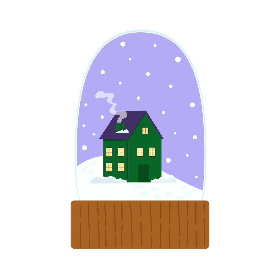 A quaint green house surrounded by snowflakes in a winter-themed snow globe decoration vector