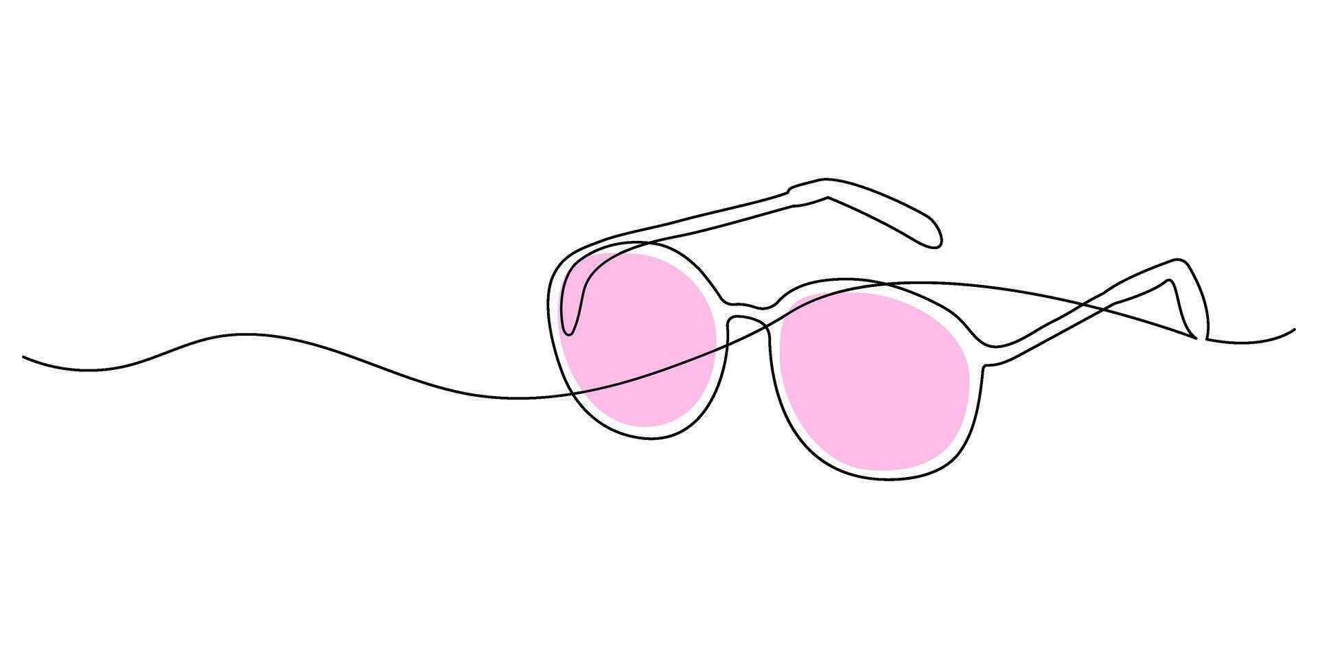 Pink glasses in one line on white background. Concept of broken hope, naivety, real life, epiphany. illustration vector