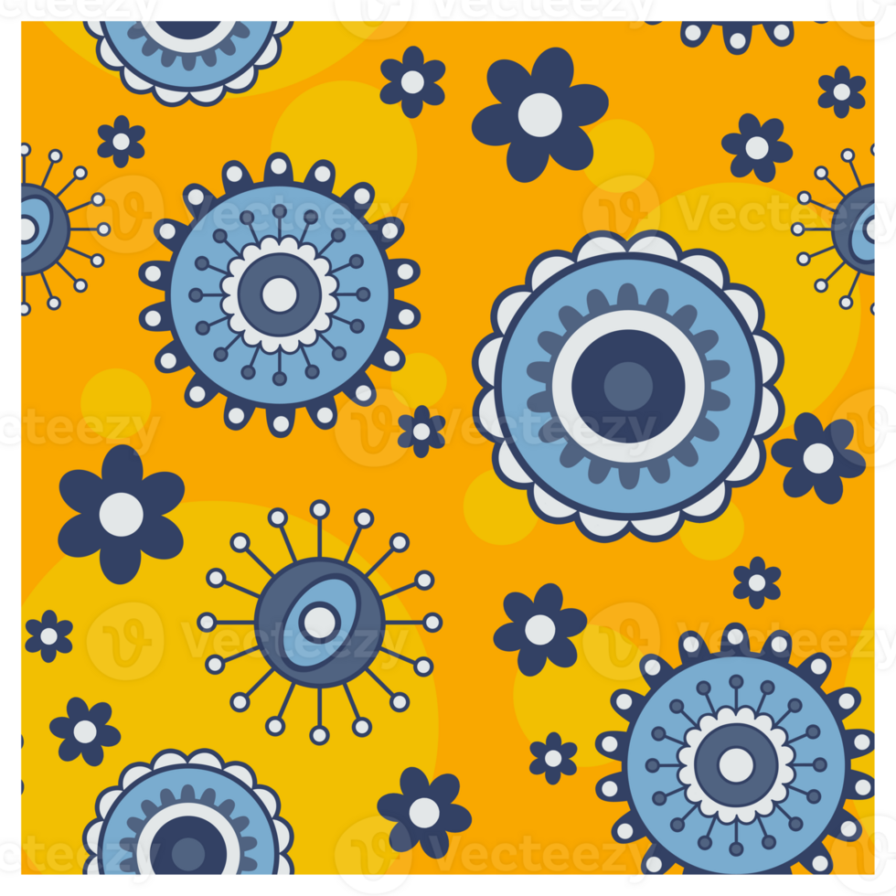 Seamless Groovy Hippie Flowers Repeating Yellow And Blue Abstract Pattern png