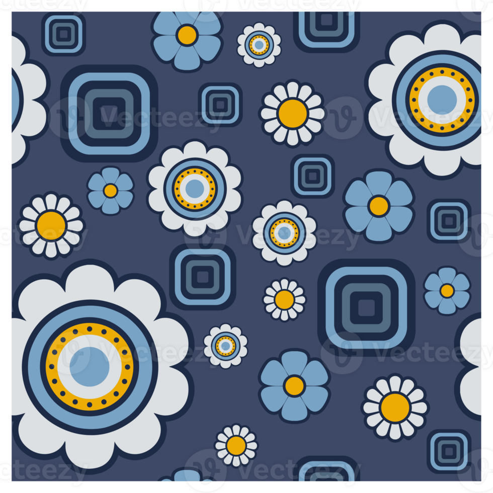 Seamless Groovy Hippie Flowers And Squares Repeating Surface Pattern png