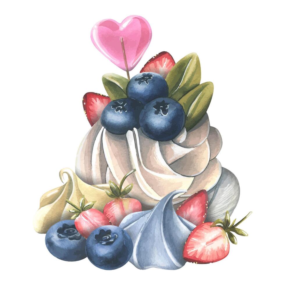 Anna Pavlova cake with meringue and cream, strawberries, blueberries and a heart-shaped lollipop. Watercolor illustration. A composition from the collection of SWEETS. For decoration and design. vector
