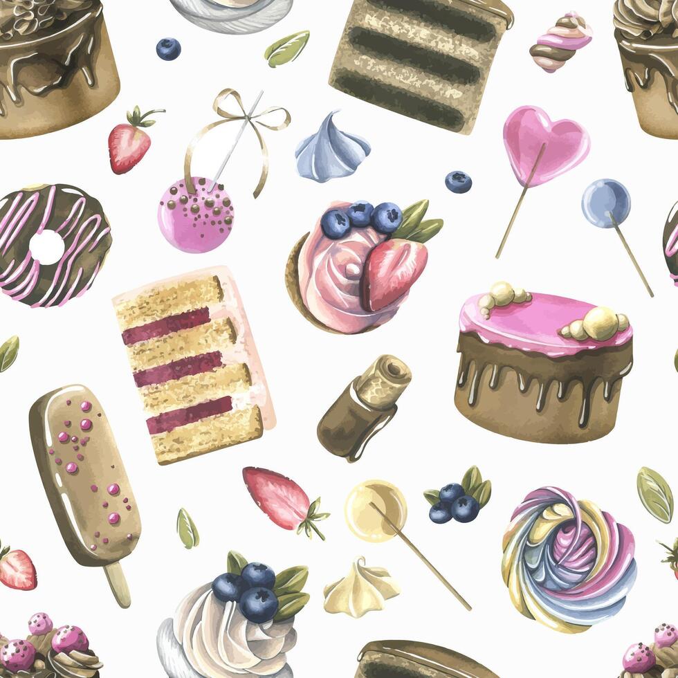 Cakes with brownies, donuts, marshmallows, lollipops, strawberries and blueberries. Watercolor illustration hand drawn. Seamless pattern on a white background vector