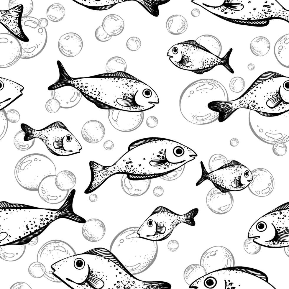 Blue water bubbles of different sizes with fish in a chaotic order. Graphic linear drawing, hand drawn in black and white monochrome. nautical. Seamless pattern vector