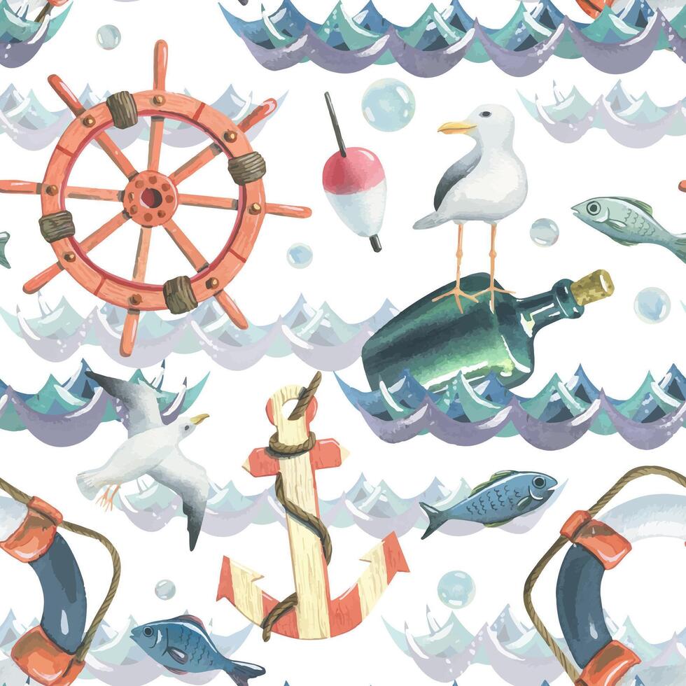 Ship steering wheel, lifebuoy, striped anchor, bottle of rum with seagull, flying seagulls, fish, fishing float, bubbles floating on water. Hand drawn watercolor illustration. Seamless pattern. vector