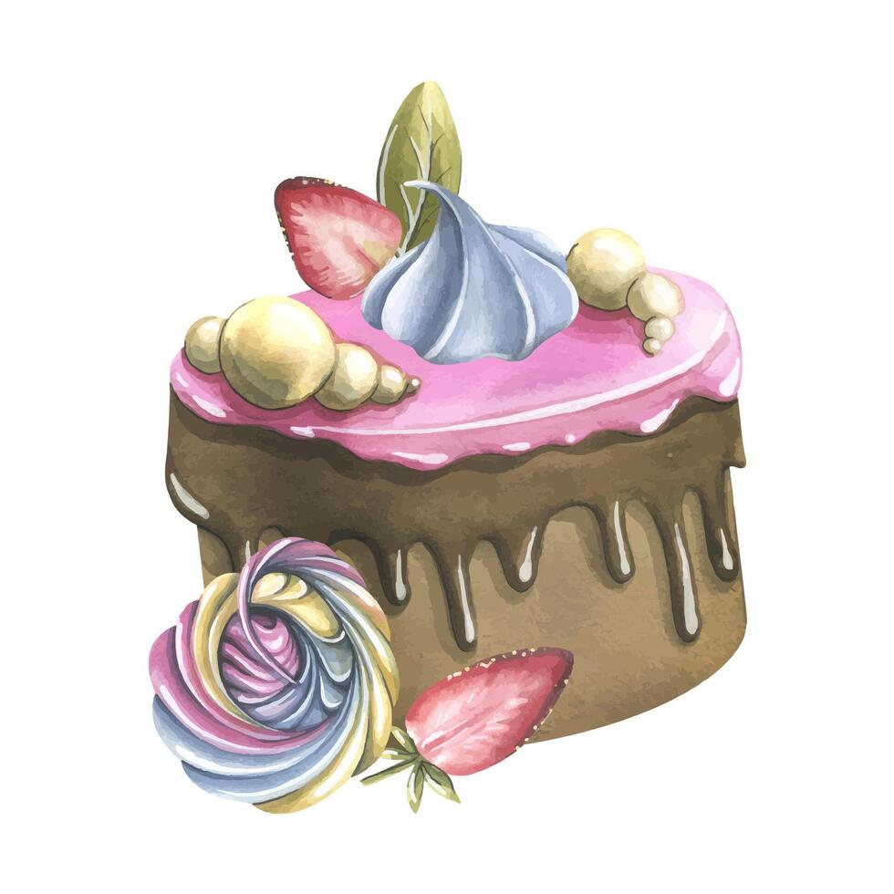 Chocolate cake with pink icing, marshmallows, meringue and strawberries. Watercolor illustration hand drawn. Isolated composition on a white background. vector