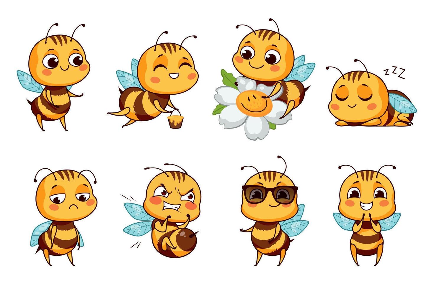 Cute honey bees collection. illustration in cartoon style vector