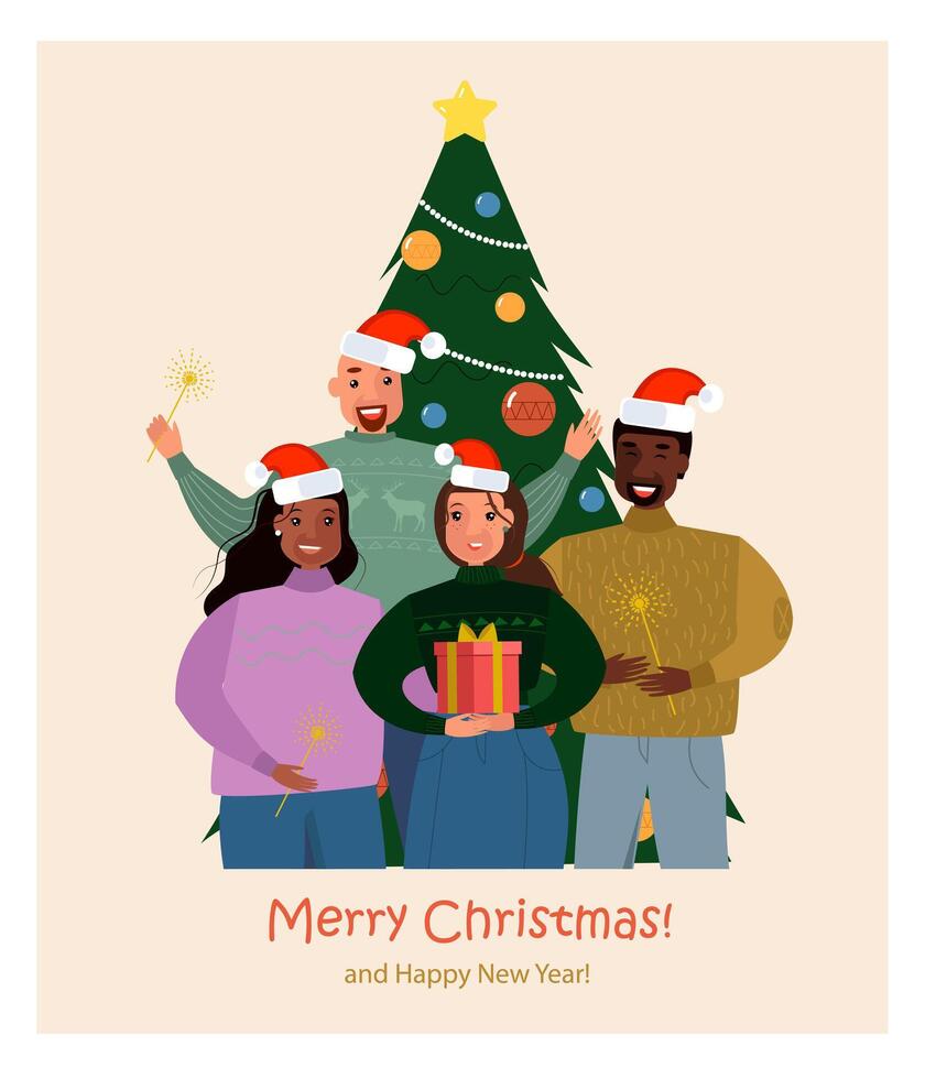 happy peoples with presents near Christmas tree. Beautiful element for your New Year design. vector
