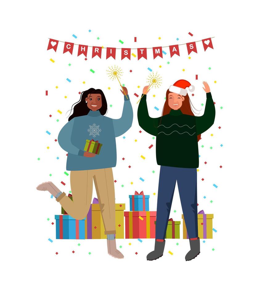 happy womens with Christmas presents and confetti on background. Beautiful element for your New Year design vector