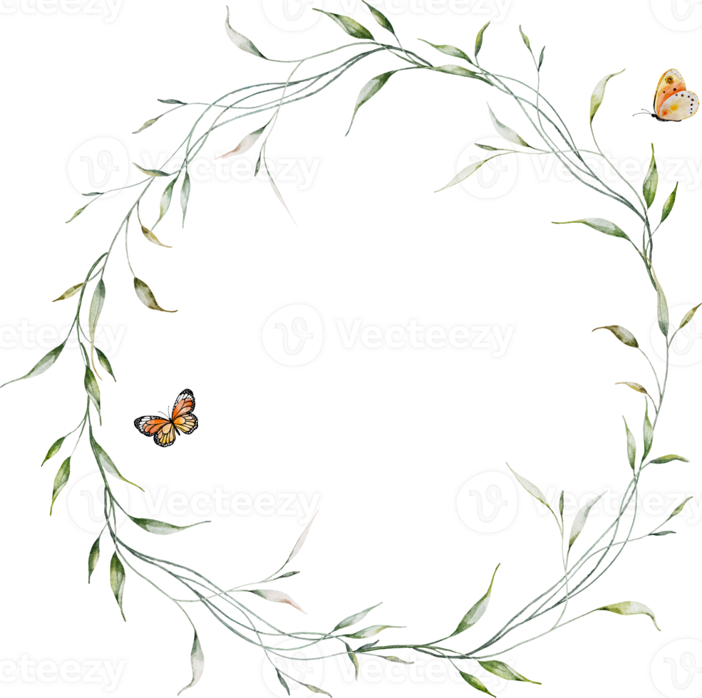 Watercolor Leaves Wreath and Butterflies png