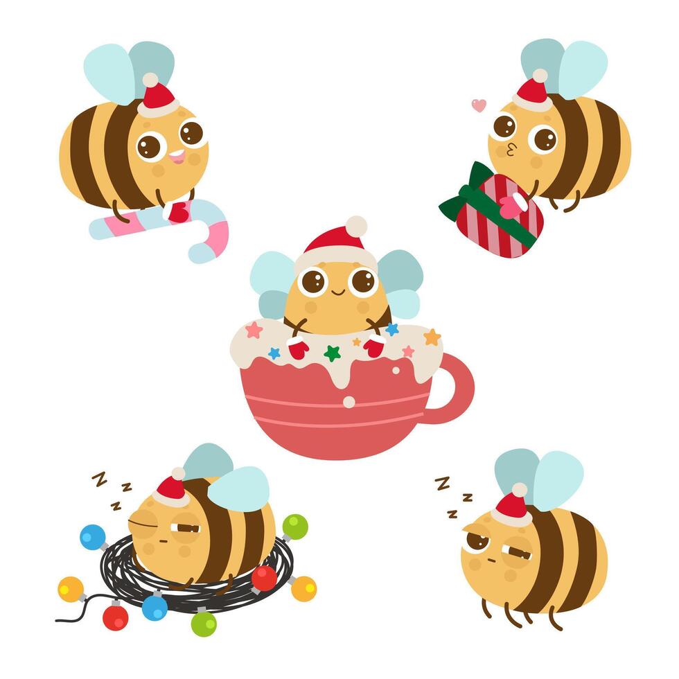 Cute Christmas bee set. Funny kawaii Christmas stickers vector