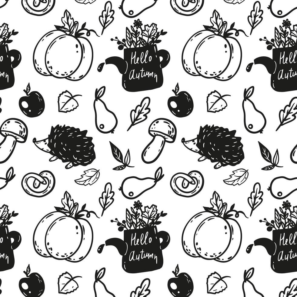 line art autumn pattern with mushrooms, hedgehog, pears and leaves. Black and white background vector