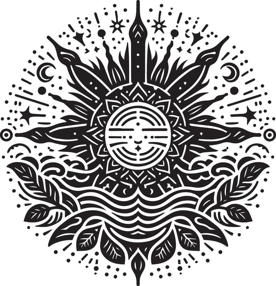 A black and white design with a sun and waves vector