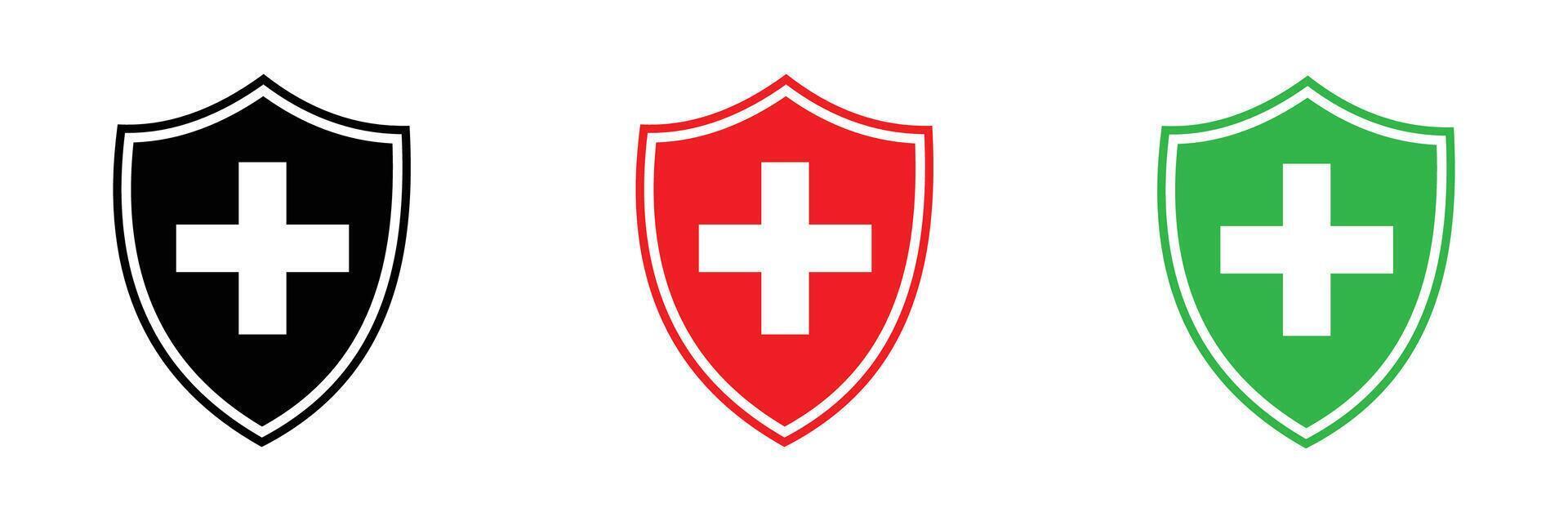 Medical health cross shield icon illustration design black, red or green with white background vector