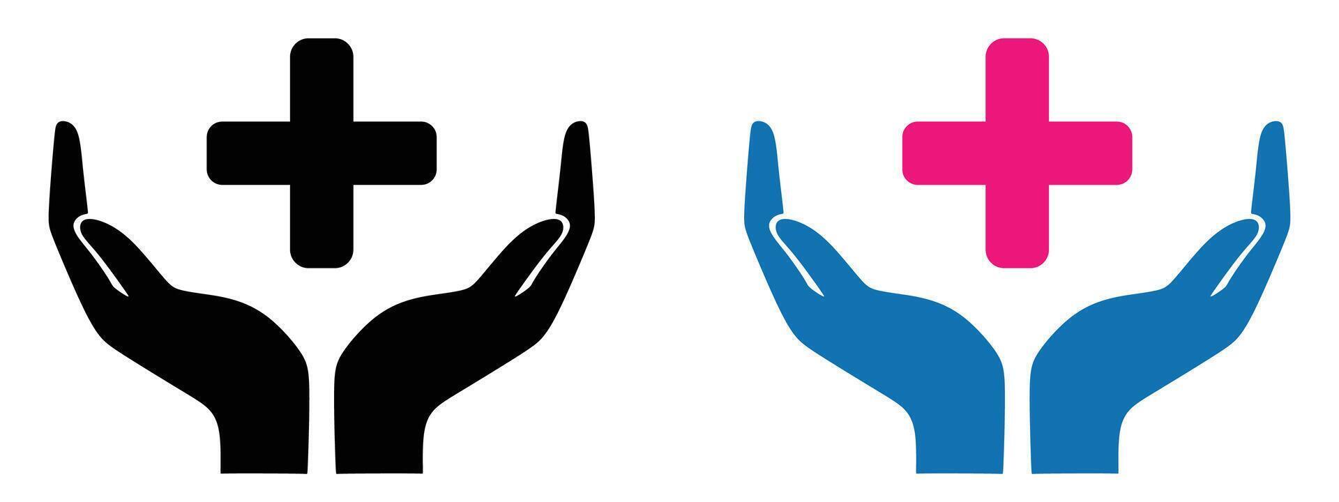 Hand holding medical plus symbol illustration pink, blue, black color with white background vector