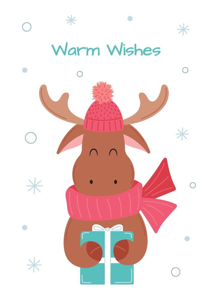 Greeting card with a cute reindeer holding a gift box. Hand drawn illustration with happy reindeer, gift, snow and warm wishes for Christmas poster or card design. vector