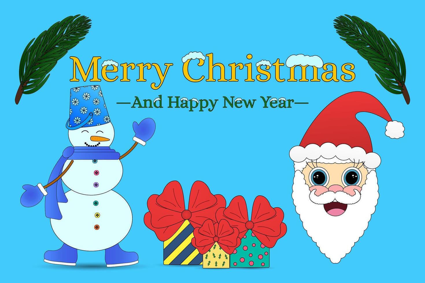 Festive Christmas scene with a cheerful snowman, Santa Claus, and gift boxes. Perfect for holiday cards, posters, and festive decorations. vector
