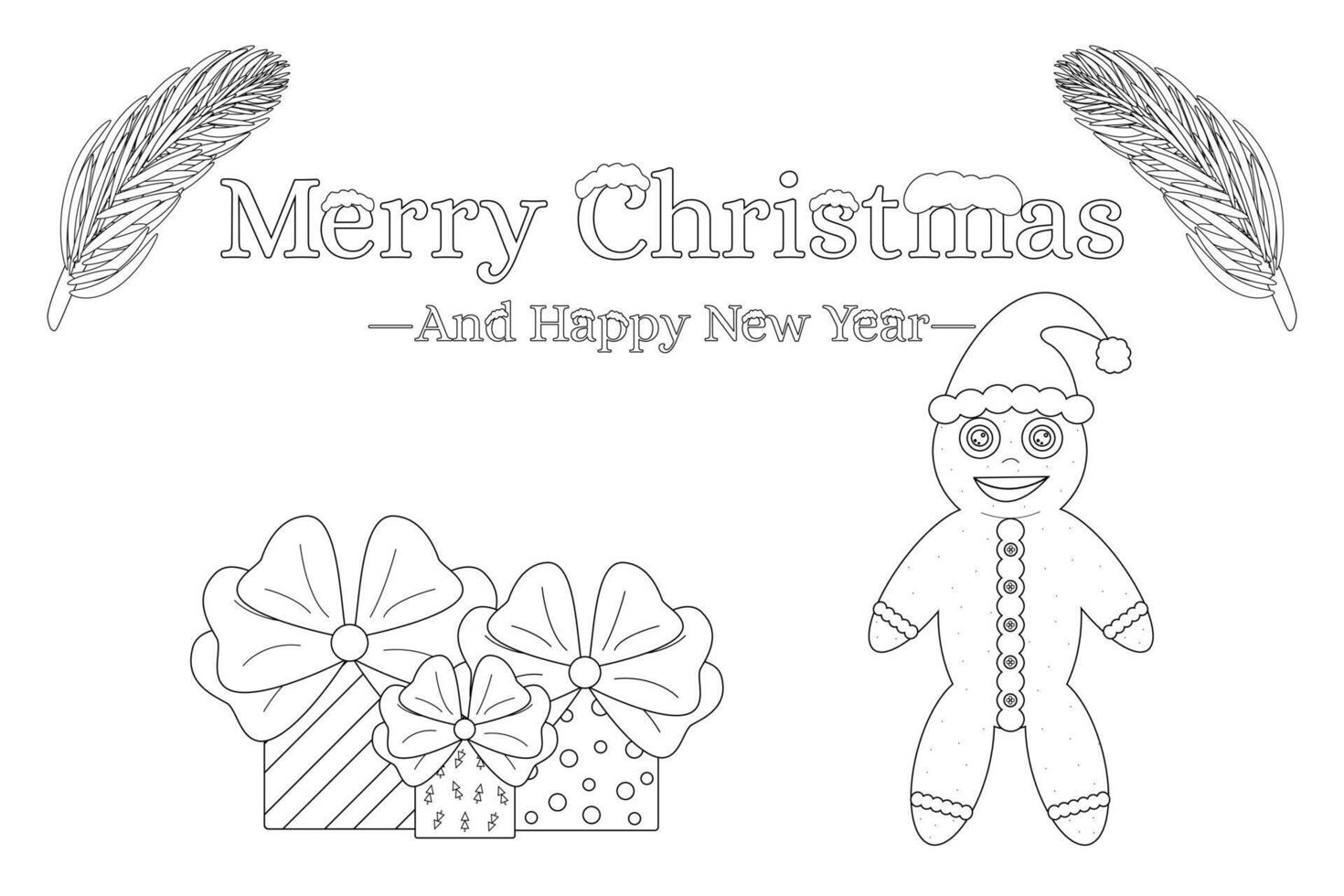 Fun Christmas and New Year coloring page featuring a gingerbread man, holiday gifts, and festive elements. Perfect for kids activities. vector