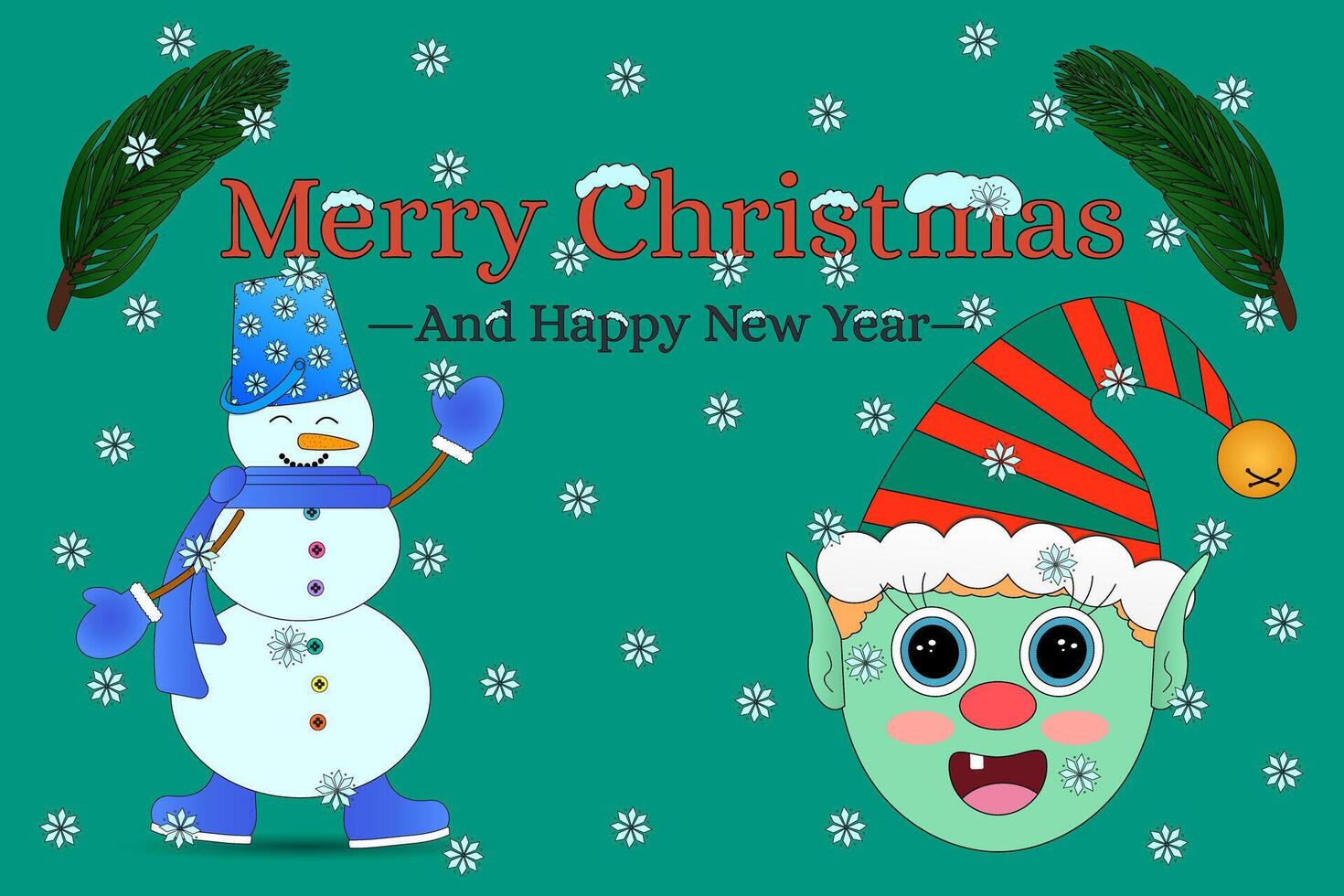 Fun and festive Christmas illustration featuring a cheerful snowman and a playful elf, surrounded by snowflakes. Ideal for holiday designs. vector